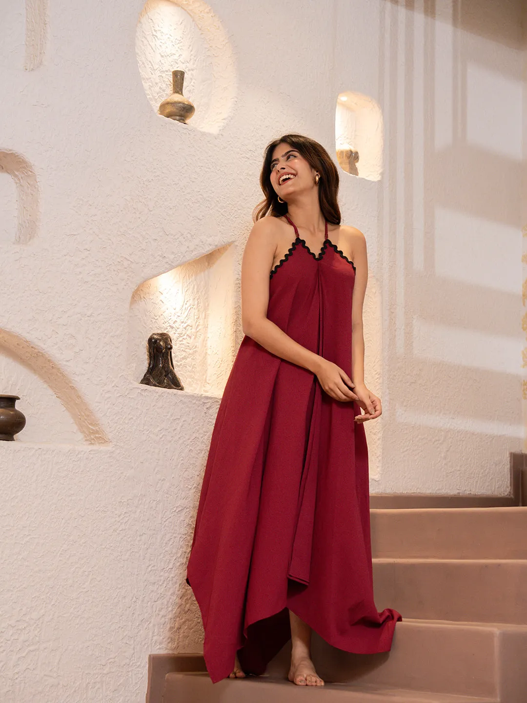 Cherry Red Soft Crepe Night Maxi