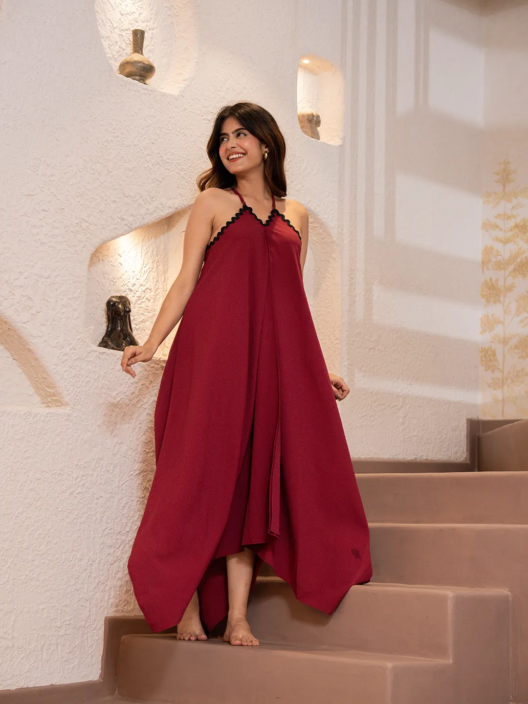 Cherry Red Soft Crepe Night Maxi
