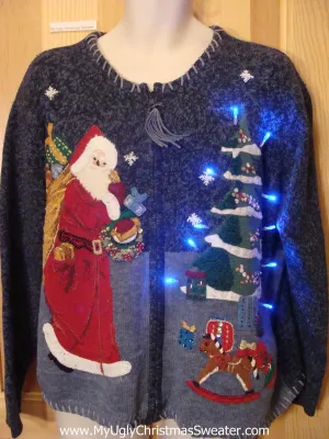 Funny Christmas Sweater with Lights Santa Rocking Horse