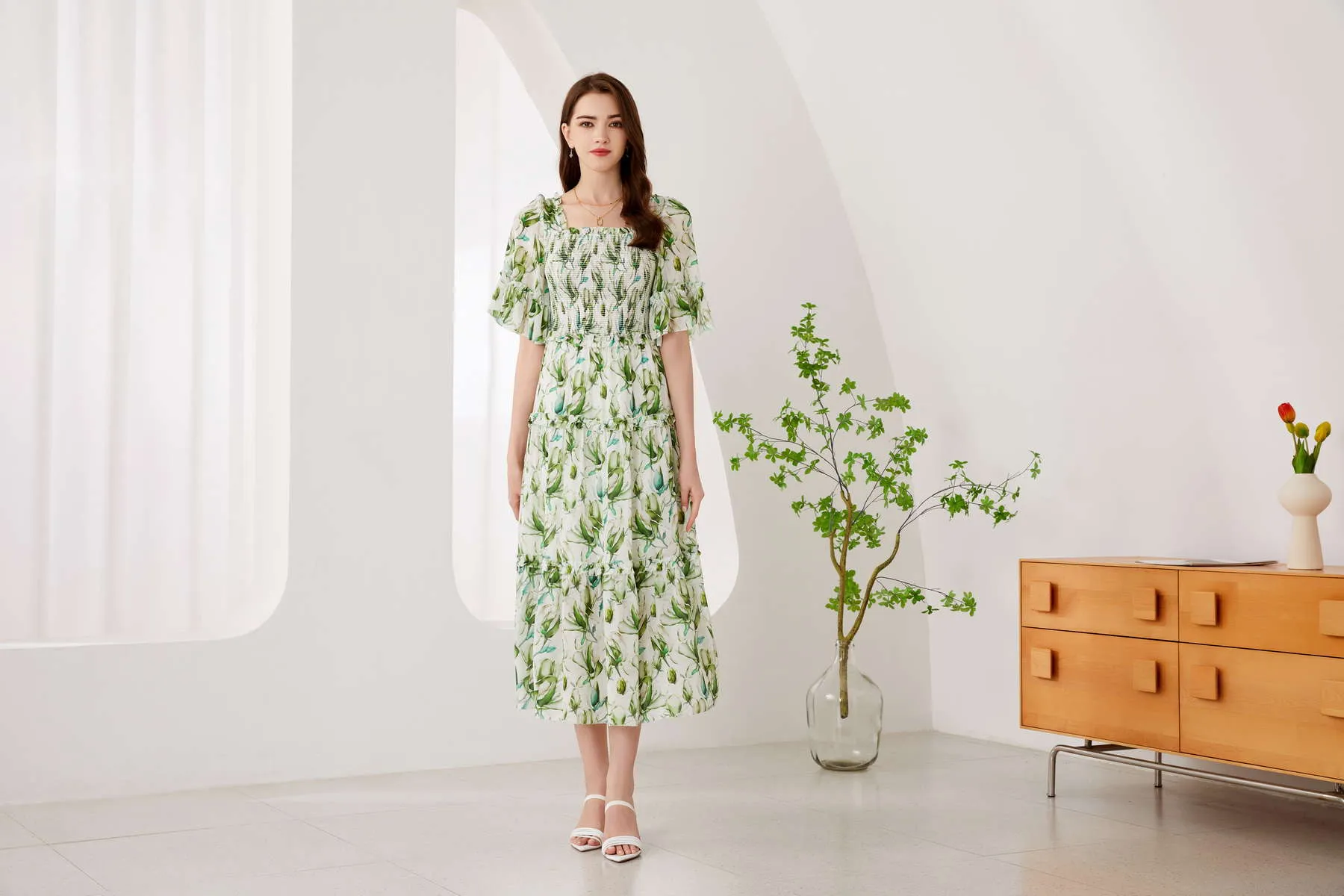 GDS Risette Silk Long Dress | Green Print