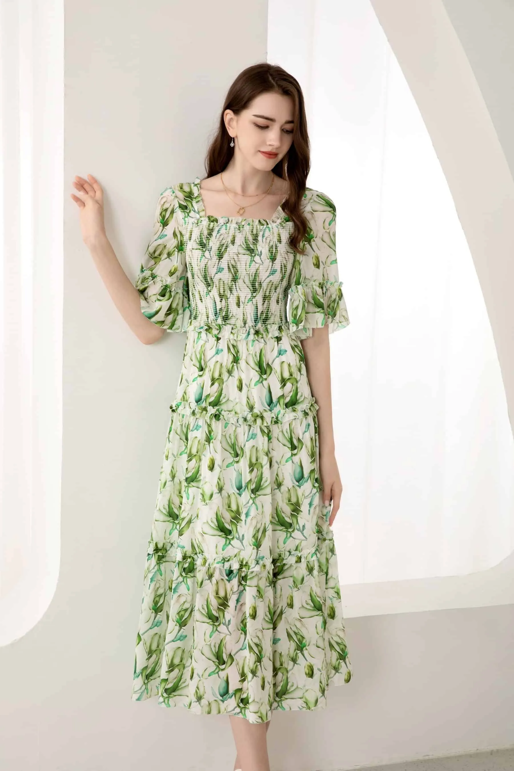 GDS Risette Silk Long Dress | Green Print