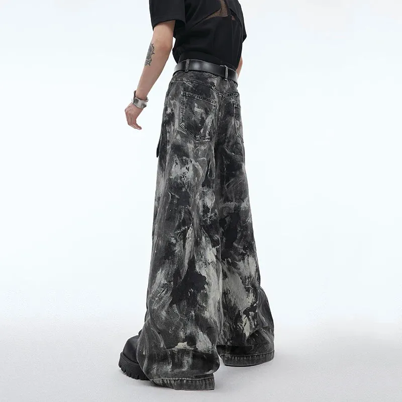 Streetwear Men's Denim Pants Distressed Loose Fitting Jeans Spray Dyed Waxed Design Personalized Menwear Vintage 24Y154