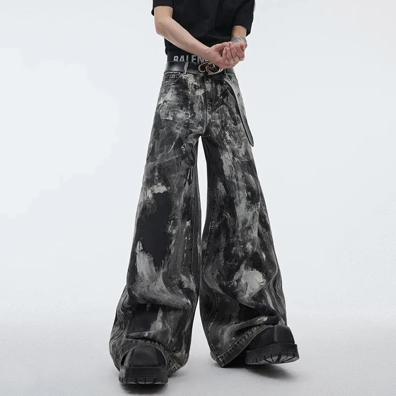 Streetwear Men's Denim Pants Distressed Loose Fitting Jeans Spray Dyed Waxed Design Personalized Menwear Vintage 24Y154