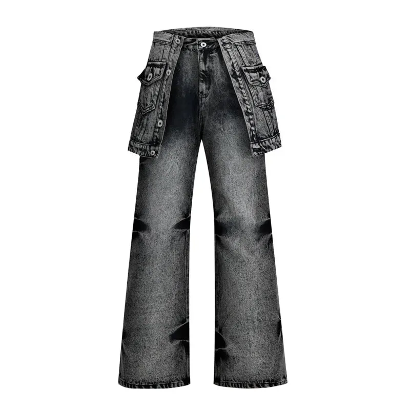 Streetwear Personalized Male Denim Pants Niche Washed Distressed Loose Wide Leg Jeans Double Hemline Design Boot-cut 24Y163